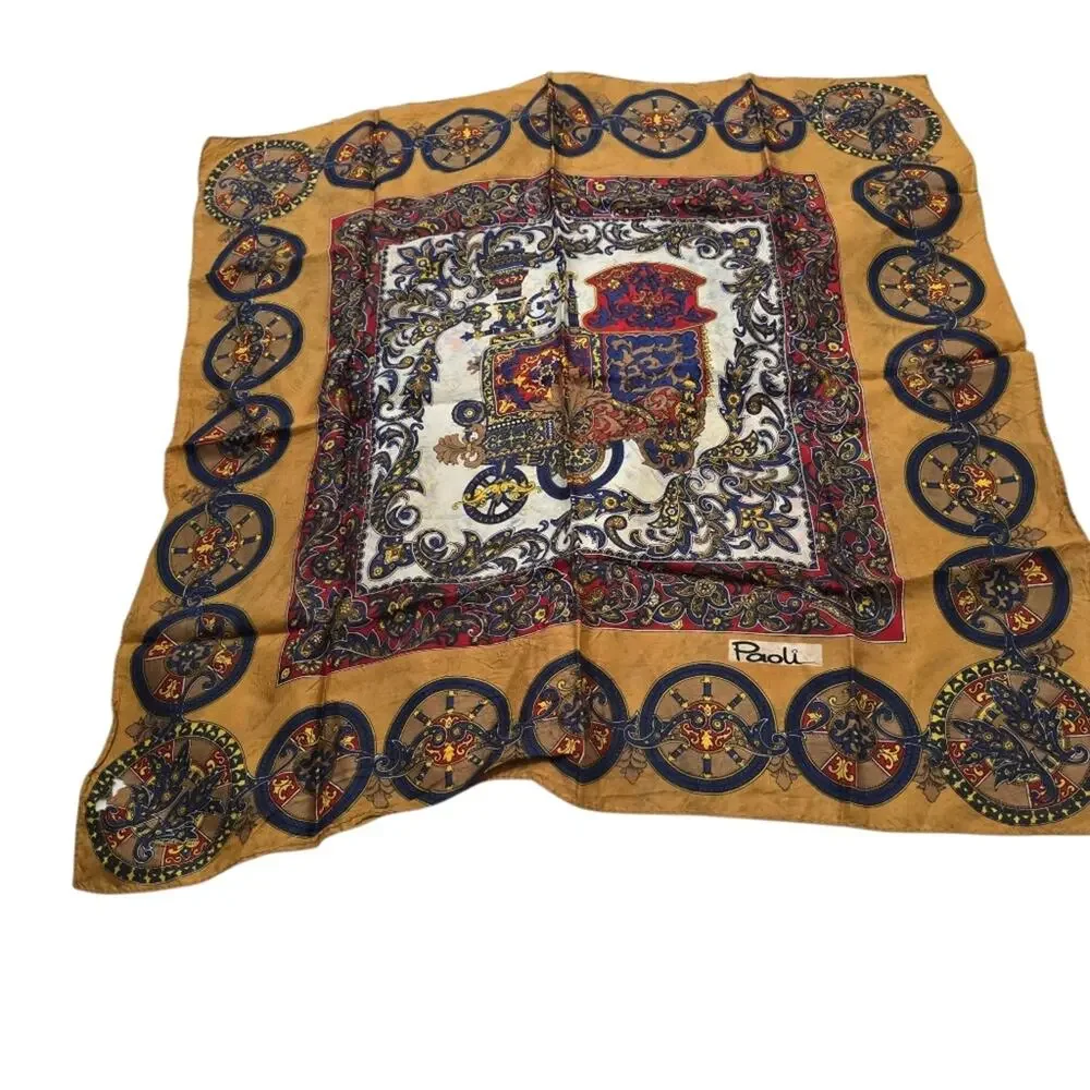 Paoli Silk Blend Medallion Scarf 24x26 Harvest Gold Vintage Equestrian Baroque